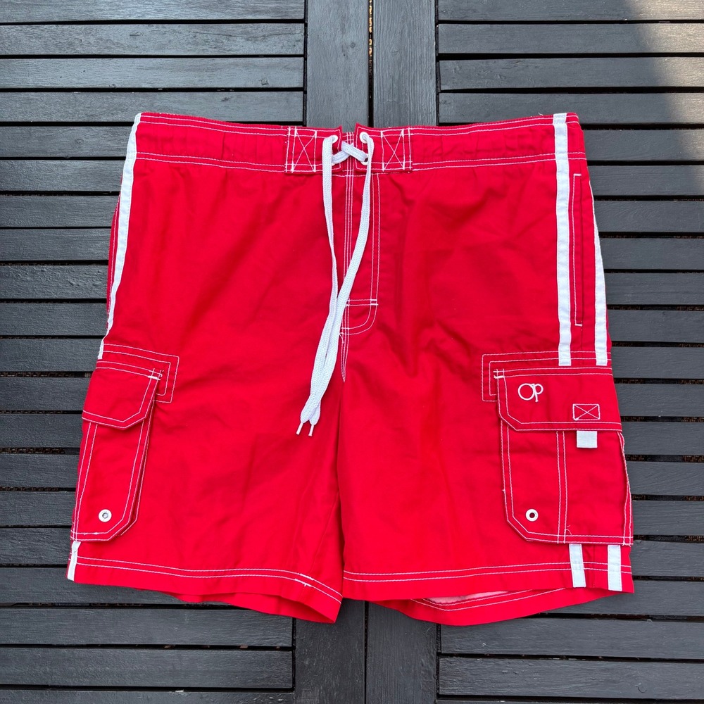 OP Board Shorts Mens 36 Red White Striped Excellent Cargo Swim Trunks